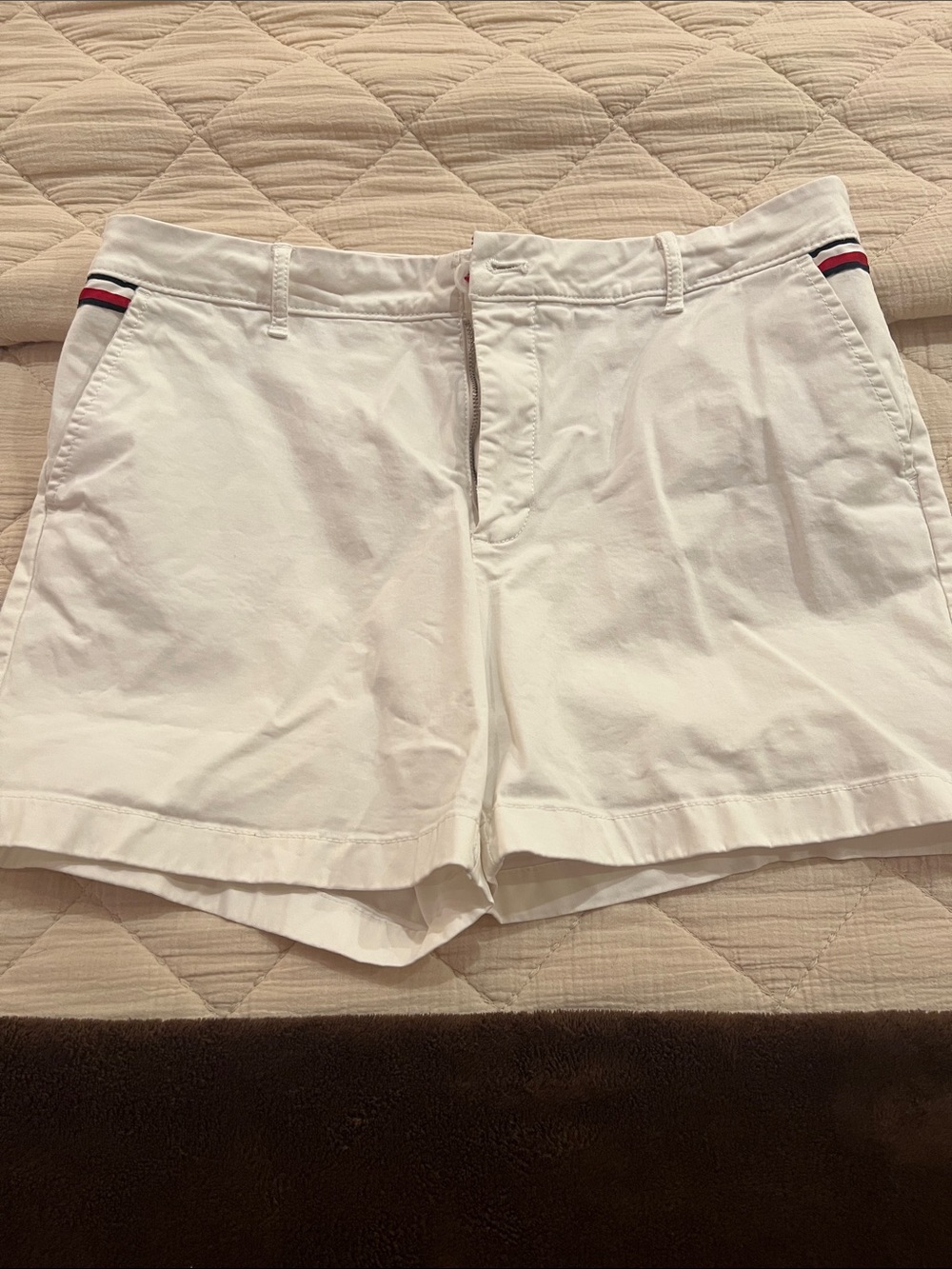 Tommy Hilfiger White Shorts with Red & Navy Stripe Accents